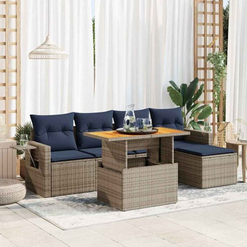 6-teilige moderne Garten-Sofagarnitur mit Kissen aus grauem Poly-Rattan von vidaxl - Bild 1