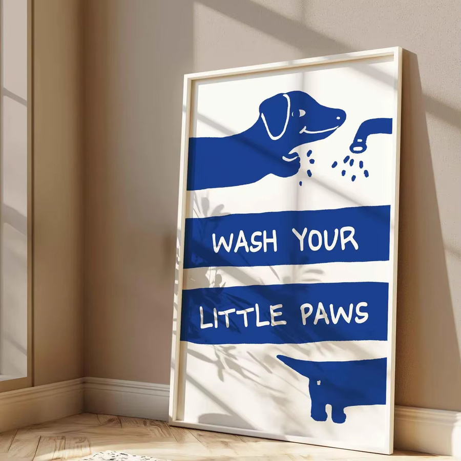Poster Wasch deine kleinen Pfoten mit niedlichem Dackel als Badezimmer-Wandkunst für Kinder in Blau - Bild 2