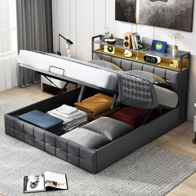 Polsterbett FEEOHOME in Grau mit Staufach und Kopfteil, Doppelbett mit Bettkasten und Hydraulikfunktion, B/T: 140 x 200 cm - Bild 1