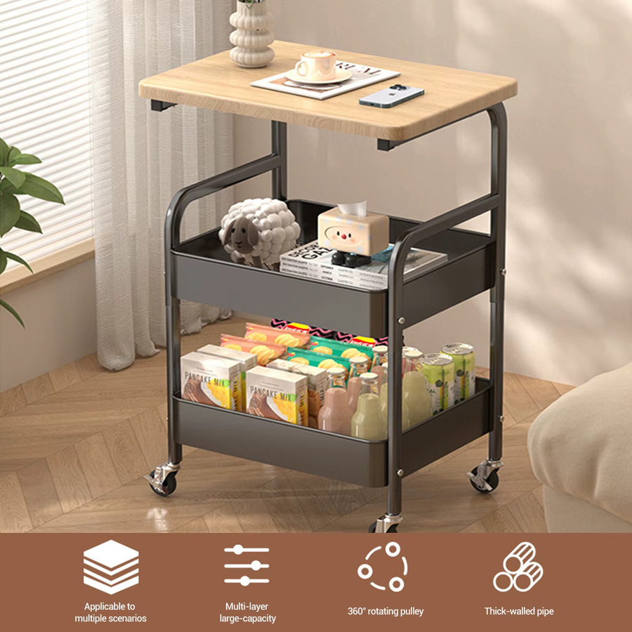HiMISS 3-stöckiger Küchen-Rollwagen mit Holztischplatte in Weiß für Wohnzimmer, Badezimmer und Küche - Bild 2