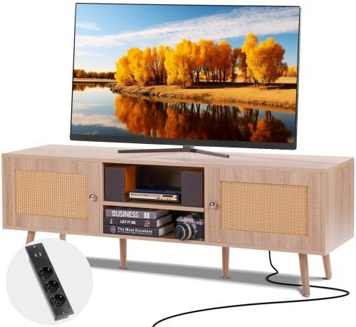 VEVOR Rattan TV-Ständer im Boho-Design aus Holz in Eiche, TV-Schrank mit integrierten Steckdosen und USB-Anschlüssen, B/T/H: 140 x 40 x 50 cm - Bild 1