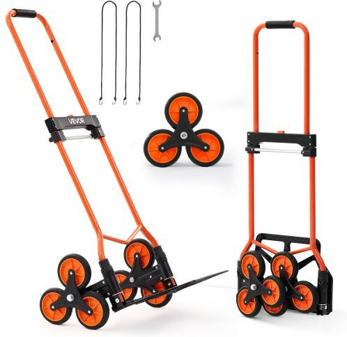VEVOR Klappbare Treppensackkarre in Orange mit 54 kg Tragkraft, Treppensteiger mit Teleskopgriff, 6 Rädern und 2 Spanngurten aus Stahl - Bild 1