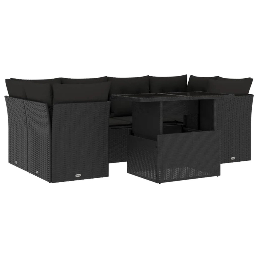 vidaXL 7-teilige Garten-Sofagarnitur in L-Form aus Poly-Rattan in Schwarz mit Tisch und Kissen - Bild 2
