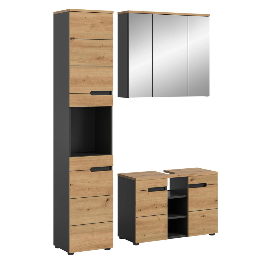 Badkombination Canu von xonox.home in Basalt Eiche Artisan Nachbildung, 3-teiliges Badezimmer-Set mit Spiegelschrank, Waschtischunterschrank und Hochschrank, Grau/Schwarz Matt, B/H/T: 133 x 193 x 34 cm - Bild 2