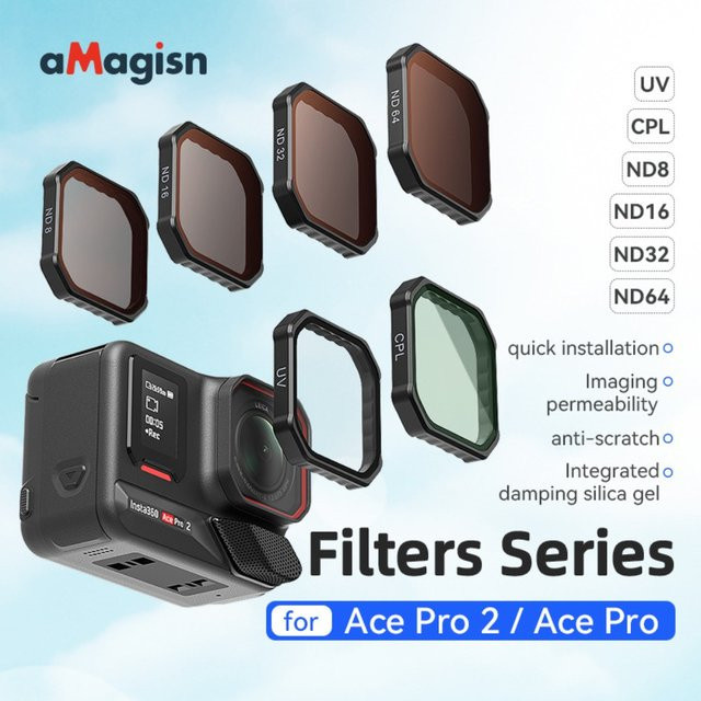 aMagisn Kamera-Einbaulinsenfilter für Insta360 Ace Pro 2 und AcePro, UV CPL ND8 ND16 ND32 ND64 Linsenschutzfilter Zubehör, Schwarz - Bild 1