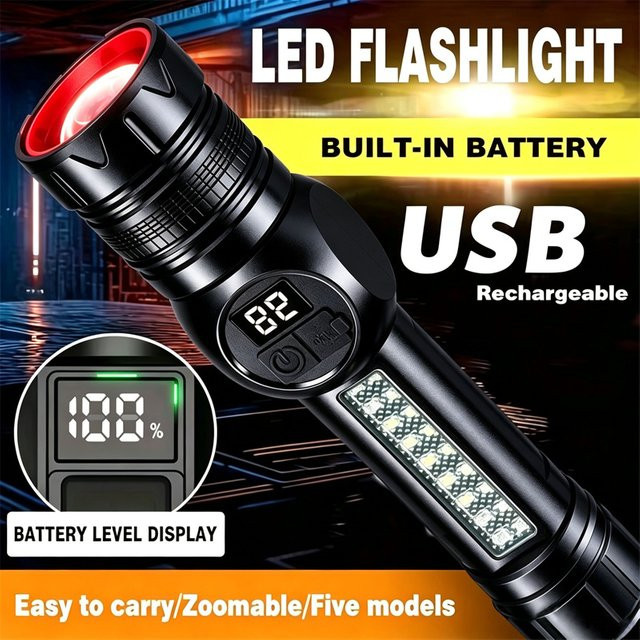 Mikenoon Taktische LED-Taschenlampe mit USB-Aufladung und Zoom-Funktion in Schwarz - Bild 1