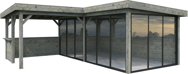 Palmako Pavillon Lenna Set 423 Slide Grau aus tauchgrundiertem Fichtenholz mit Alu-Schiebetüren und Eck-Tresenanlage B/T/H: 588 x 588 x 245 cm - Bild 1
