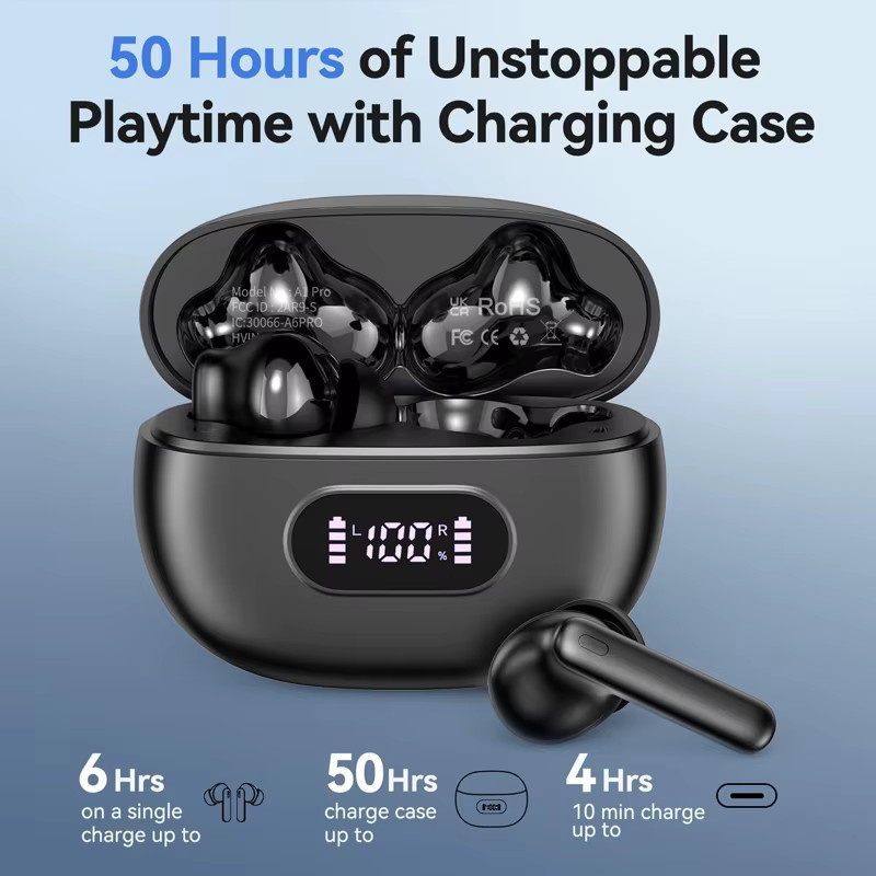 UYUXIO TWS Kabellose In-Ear-Ohrhörer mit Bluetooth 5.4, HiFi-Stereo-Kopfhörer mit LED-Digitalanzeige in Schwarz - Bild 2
