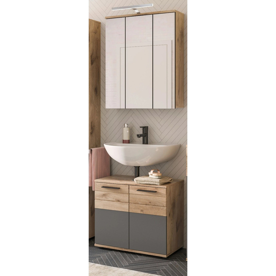 Inn.Furn Badmöbel-Set Eiche Grau 2-teilig mit Waschtischunterschrank und Spiegelschrank, Soft-Close, Breite: 60 cm - Bild 2