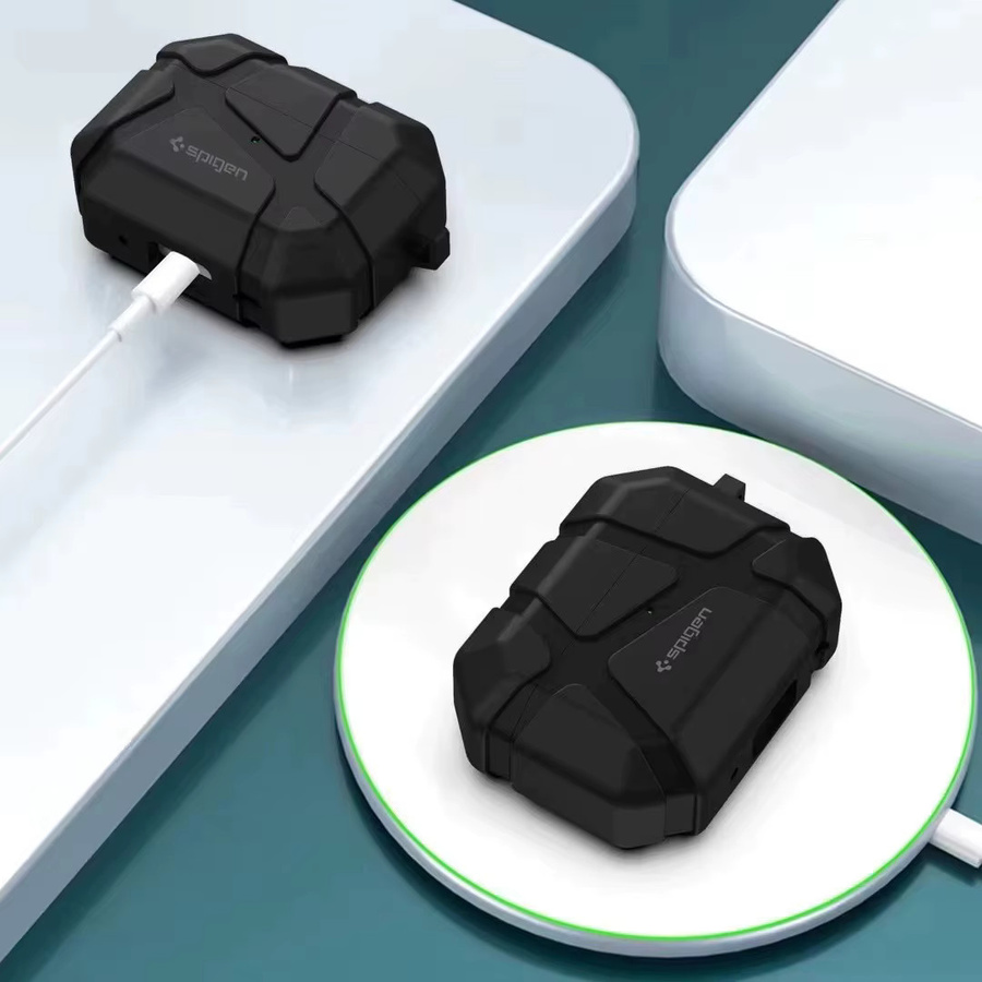 Spigen Rugged Armor Kopfhörer-Schutzhülle für AirPods 4/3/2/1 Pro 2 mit Meteorit-Textur und Schlüsselanhänger in Schwarz - Bild 3