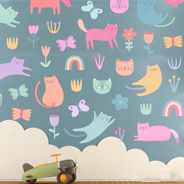 Duruibom Wandtattoo Aquarell Blume Katze im Boho-Stil, Multicolor, ideal für Kinderzimmer und Schlafzimmer - Bild 1