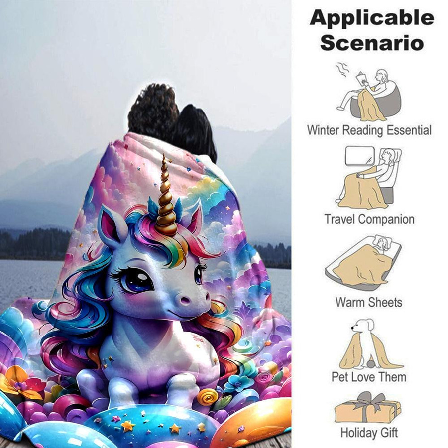 Yun Heng Four Einhorn Regenbogen Decke aus Flanell, Mehrfarbig, B: 120 cm, T: 80 cm - Bild 2