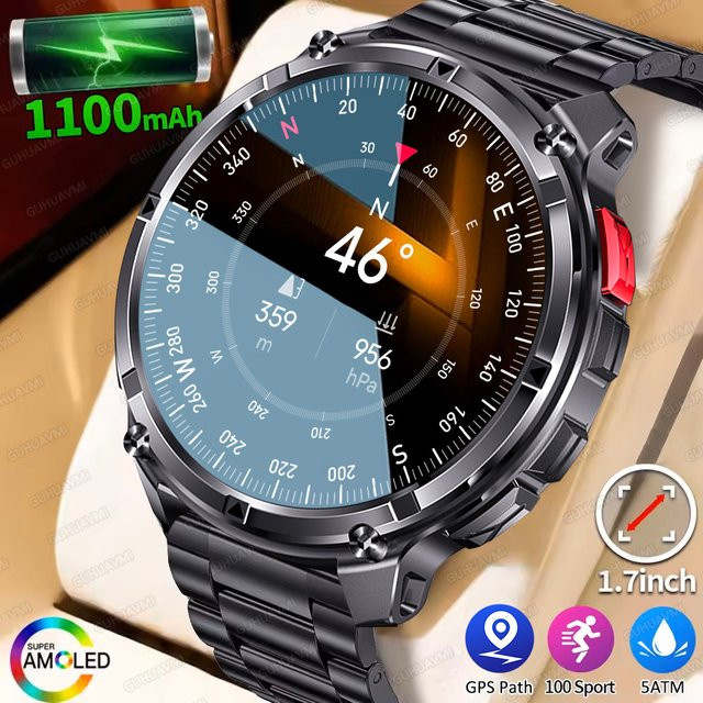 KAVSUMI T-Rex 3 Ultra Smartwatch für Männer mit 1,7 Zoll AMOLED Display, 5ATM Wasserdichtigkeit, Bluetooth Anruffunktion, Kompass und LED Taschenlampe, 1100 mAh Akku, Grau/Schwarz - Bild 1
