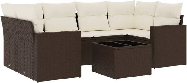 vidaXL 7-teilige Garten-Sofagarnitur in L-Form aus braunem Poly-Rattan mit Kissen und pulverbeschichtetem Stahlgestell - Bild 1