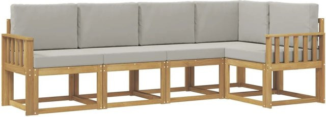 vidaXL Outdoor-Sofagarnitur in L-Form aus Akazienholz mit Kissen, 5-teilig, Weiß-hellgrau - Bild 1