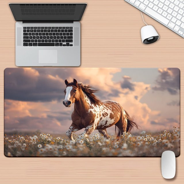 Mauspad mit Sonnenuntergang, Wildpferderennen und weißem Gänseblümchen-Design in Multicolour und Weiß, rutschfeste Gummibasis, verdickt und langlebig für Gaming und Büro - Bild 1