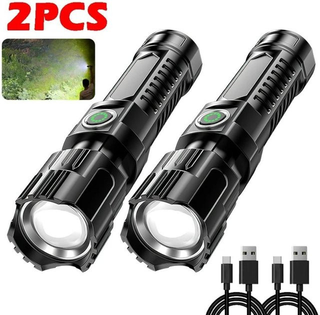 LIUXING 60W LED-Taschenlampe mit Zoom, USB-wiederaufladbar und wasserdicht, 2er-Set, Schwarz - Bild 1