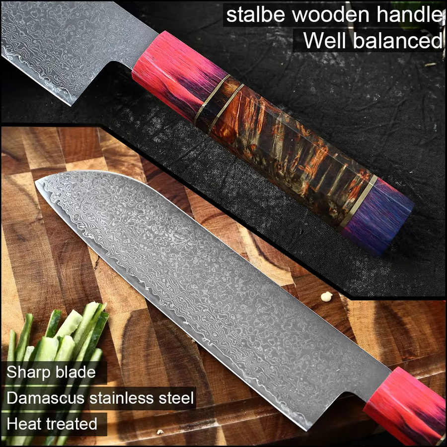 XITUO 7-teiliges Küchenmesser-Set aus Damaszener Stahl in Multicolour mit stabilen achteckigen Holzgriffen inklusive Santoku, Hackmesser, Schälmesser, Brotmesser, Ausbeinmesser und Kochmesser - Bild 1