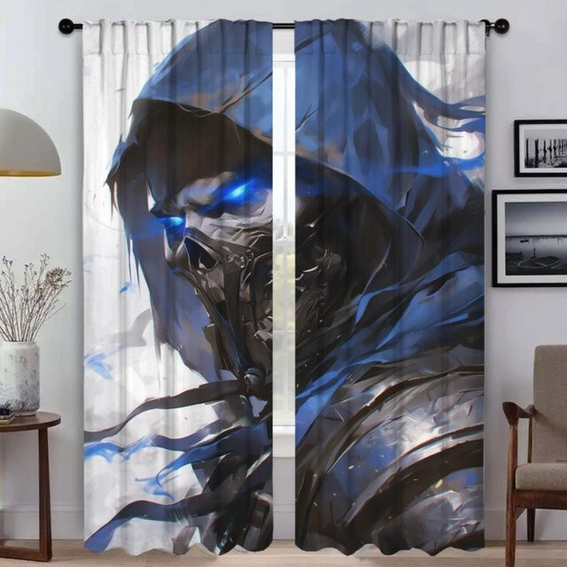 Skelett Killer Halloween Verdunkelungsvorhang für Wohnzimmer und Schlafzimmer, 2er-Set Tüll-Vorhänge mit Grafik-Print, Blau, Breite: 50 cm, Höhe: 70 cm - Bild 1