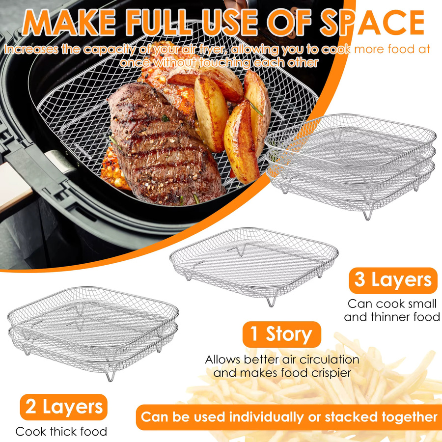 Willstar 3-teiliges Airfryer Zubehör Set aus Edelstahl, runde Stapelbare Racks und Tabletts, Silber - Bild 4