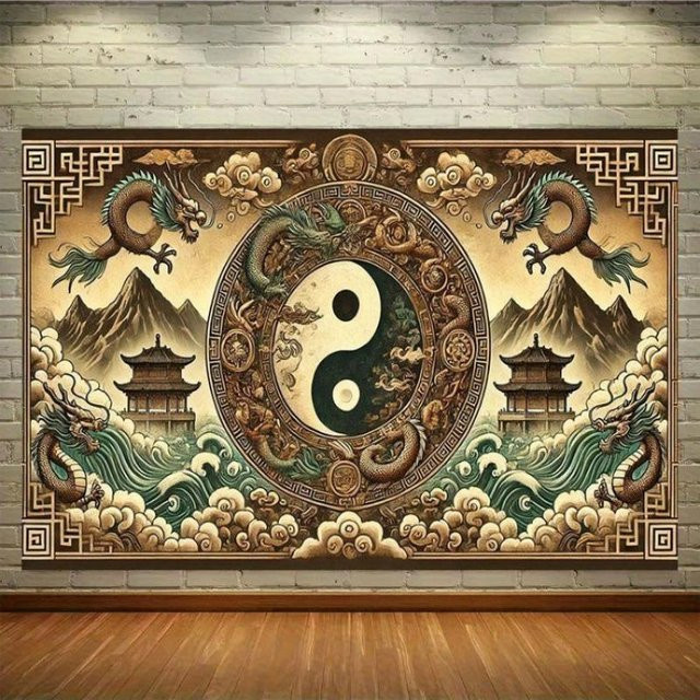 Orientalischer Tai Chi Drachen Wandbehang von JMG Household Supplies, Traditioneller Chinesischer Wandteppich mit Totem Kunst Dekor, B: 150 cm, H: 100 cm, Mehrfarbig - Bild 1