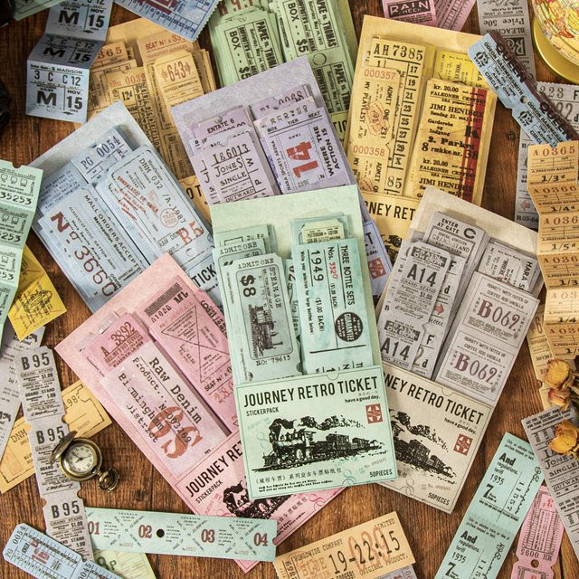 50 Stück Vintage Ticket Aufkleber in Multicolour als dekorative Etiketten für DIY Scrapbooking und Collage-Material - Bild 1