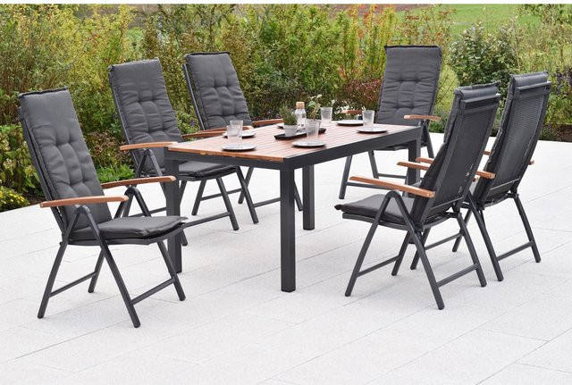 Merxx Thasos Gartenmöbel-Set aus Aluminium in Schwarz mit ausziehbarer Tischplatte in Holzoptik, 7-teilig für 6 Personen - Bild 1