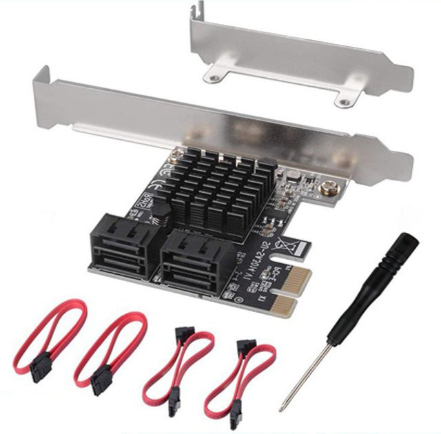 OULLX PCIe zu SATA 3.0 Erweiterungskarte mit 4 Anschlüssen, Konverter für HDD und SSD, Schwarz - Bild 1