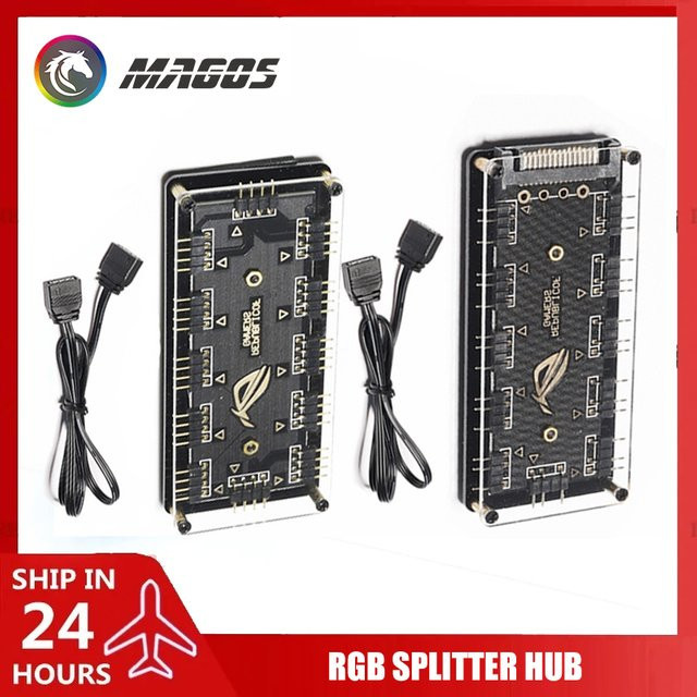 Flying Elephant RGB HUB Splitter 1-10 Verteiler für PC Gehäuselüfter und LED-Beleuchtung 5V 3Pin / 12V 4Pin in Schwarz - Bild 1