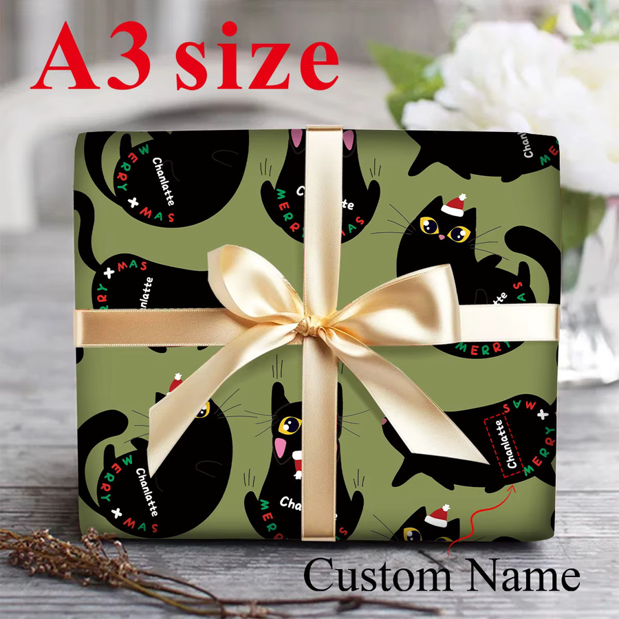 3 Blatt individuelles Weihnachtspapier mit schwarzem Katzen-Design in Grün zum Basteln und Verpacken von Geschenken - Bild 4