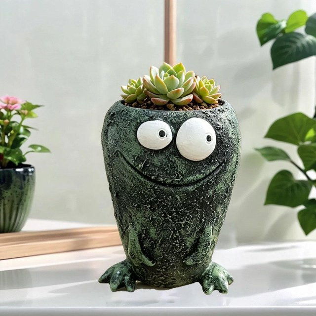 Kreativer Frosch Pflanztopf aus Harz in Grün mit Drainageloch für Innen- und Außenbereiche - Bild 1