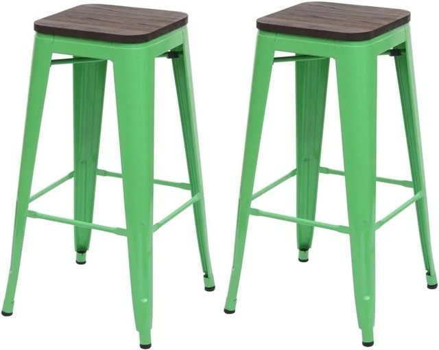 MCW Barhocker A73 2er-Set Grün aus Ulmenholz mit pulverbeschichtetem Metall im Industriedesign, Breite: 42 cm, Tiefe: 42 cm, Höhe: 76 cm - Bild 1