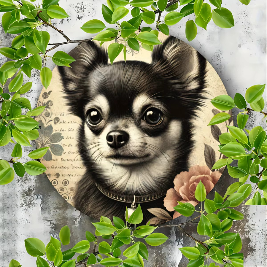 Rundes Aluminiumschild Potdemiel im Vintage-Stil mit Chihuahua-Blumendruck als Wanddekoration aus Metall, Durchmesser: 20 cm, Mehrfarbig - Bild 3