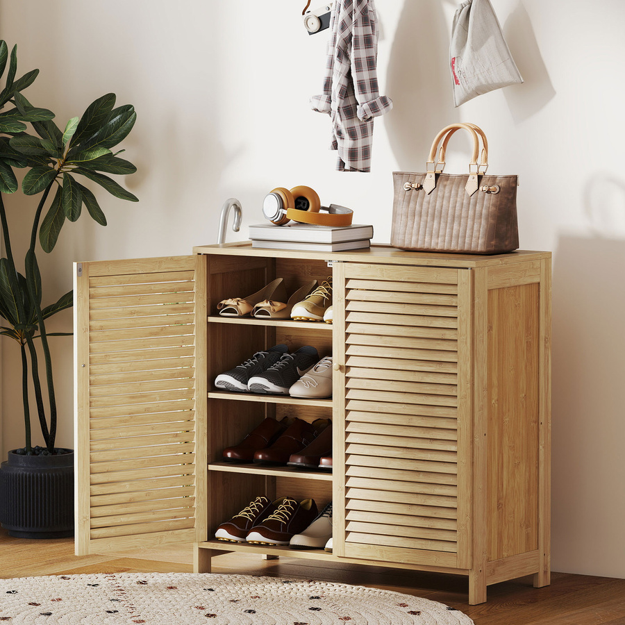 HOMCOM Schuhschrank aus Bambus mit Lamellentüren in Natur, Schuhregal für 14 Paar Schuhe mit verstellbaren Einlegeböden für Flur und Eingangsbereich, B/T/H: 80 x 35 x 80 cm - Bild 2