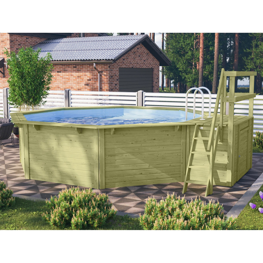 Karibu Achteck Pool Set in Grau und Blau mit Sonnenterrasse, Filteranlage und Skimmer - Bild 3