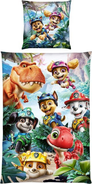 Baby Best Paw Patrol Dino Movie Wende-Bettwäsche aus Baumwolle, Set bestehend aus Kopfkissenbezug und Bettbezug, Farbe: Weiß, B/H: 80 x 80 cm und B/H: 135 x 200 cm - Bild 1