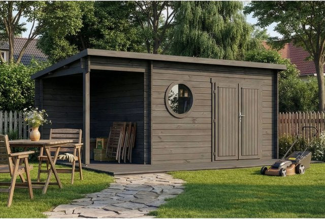 Alpholz Gartenhaus Maria Rondo C Log Cabin in Grau mit Fenster und Schloss, Wandstärke: 34 mm, B x T: 550 x 270 cm - Bild 1