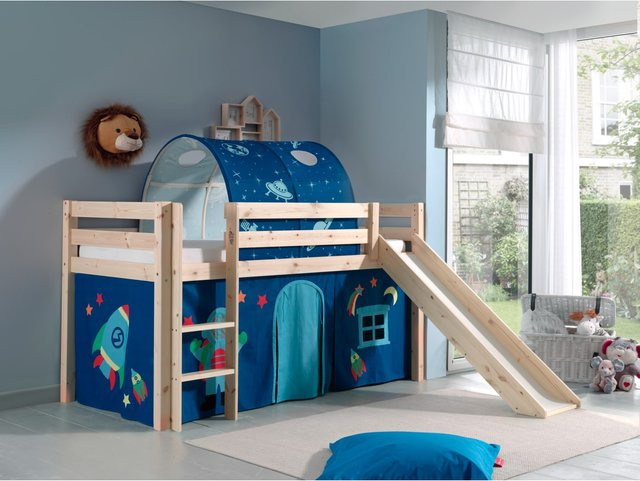 Vipack Spielbett Pino aus massiver Kiefer mit Rutsche, Vorhang und Tunnel in Dessin Astro - Bild 1