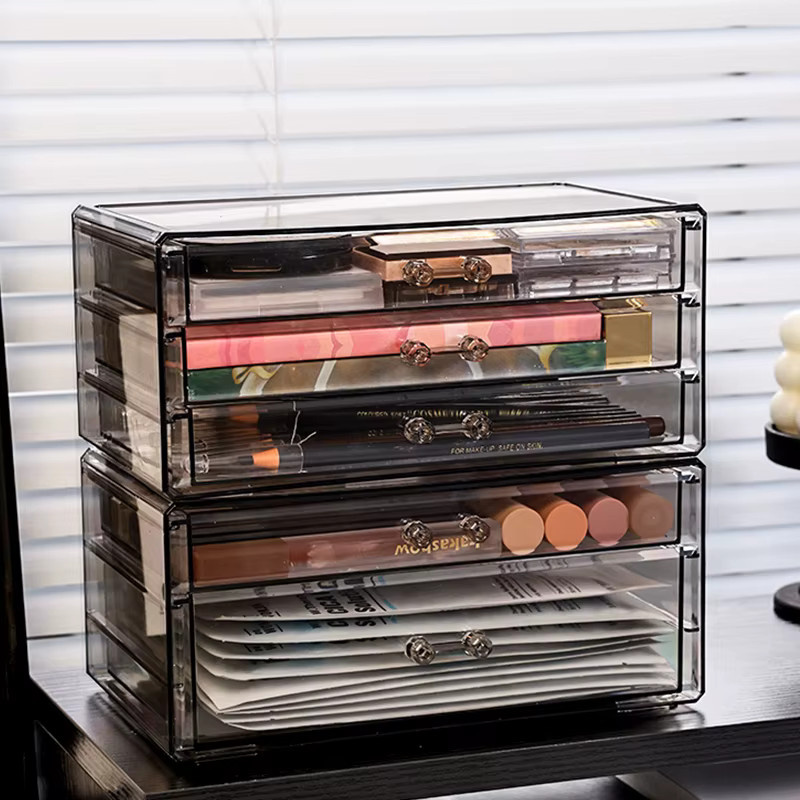 Schreibtisch-Schublade aus Acryl in Transparent und Schwarz, stapelbare Kosmetik-Aufbewahrungsbox und Organizer für Bürobedarf und Hautpflege - Bild 2