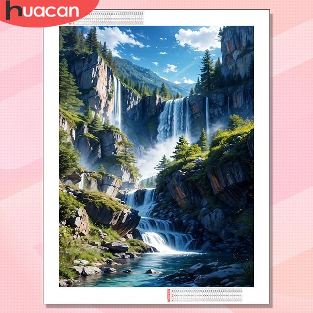 HUACAN Diamant-Mosaik DIY Bastelset Wasserfall-Landschaft für Erwachsene, Rund, Multicolour - Bild 1