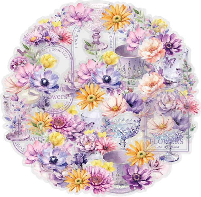 Etori Life Vintage Purple Series Aufkleber Set mit Tassen und Blumen in Lila, 20 Stück künstlerische Dekorationsaufkleber für Tagebuch, Laptop und Handy - Bild 1