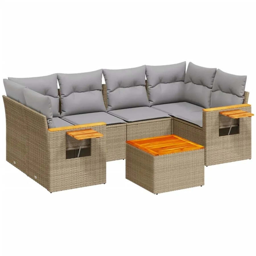 vidaXL 7-teilige Garten-Sofagarnitur in L-Form aus Poly-Rattan und Akazienholz mit Kissen in Beige - Bild 2