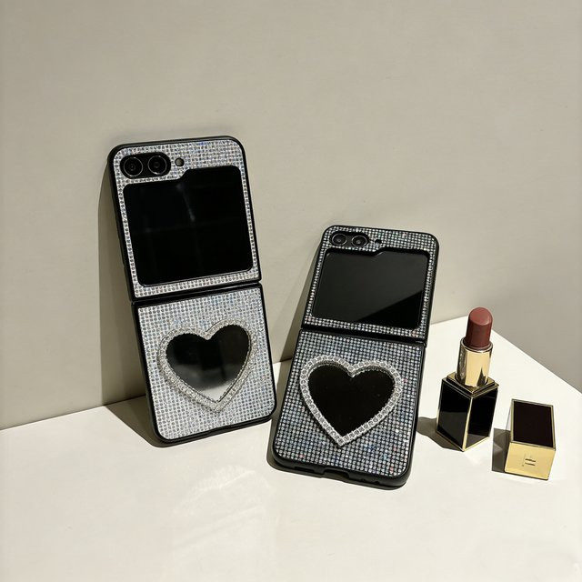 Glitzernde Handyhülle mit Gittermuster und Herz-Spiegel für Samsung Galaxy Z Flip (Modelle 3, 4, 5, 6, 7, 8, FE) in Schwarz - Bild 1