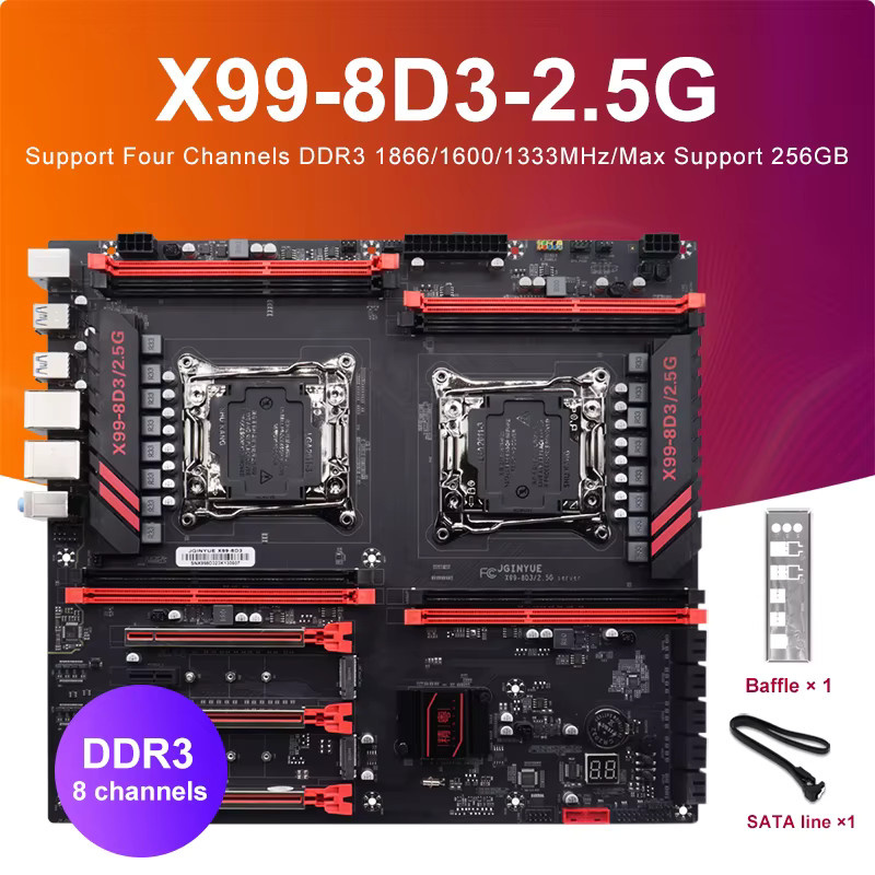 JGinyue X99-8D3 Gaming-Mainboard LGA 2011-3 für Xeon E5 V3 V4 CPUs, 8x DDR3 RAM-Steckplätze, 2,5G LAN und NVMe M.2, Schwarz - Bild 2