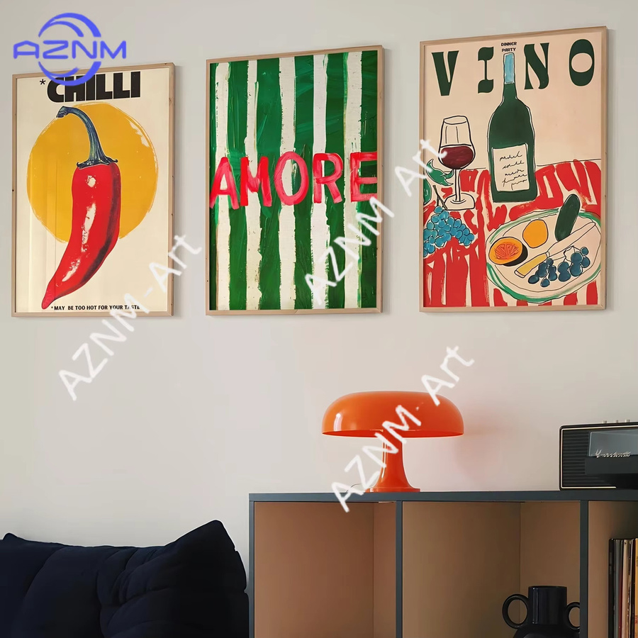 KAYOU Leinwanddruck Amore Grün Gestreift mit Wein-Glas & Pfeffer als moderne Wandkunst für dein Wohnzimmer, Schlafzimmer oder deine Küche - Bild 1