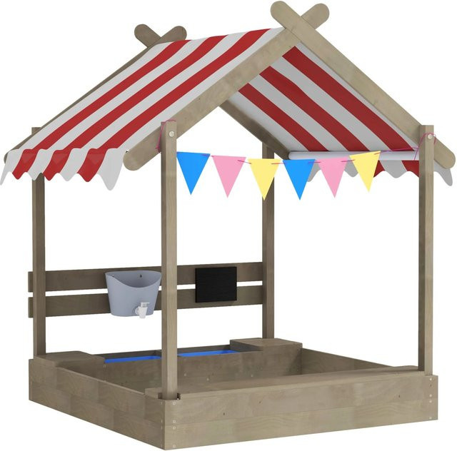 Outsunny Sandkasten aus Tannenholz mit Dach und Sitzplatz für Kinder in Grau und Weiß - Bild 1