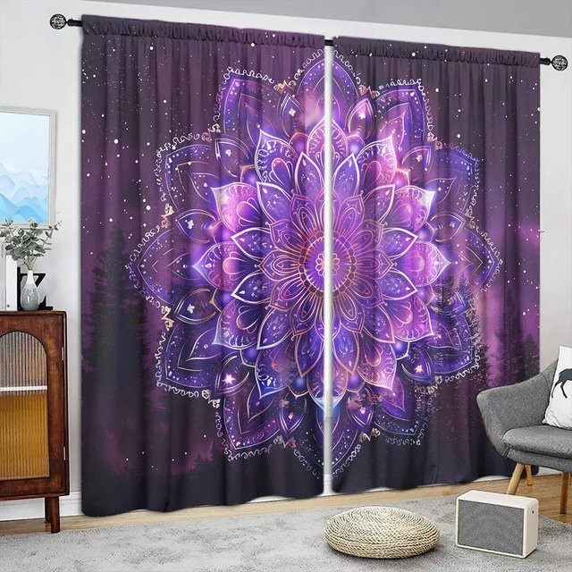 2er-Set Lila Vorhang mit Mandala-Print für dein Zuhause, halbtransparent, Breite: 75 cm, Höhe: 165 cm - Bild 1