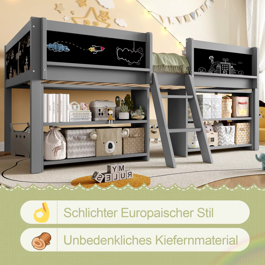 HAUSS SPOLE Kinderbett aus Massivholz mit Tafel, Stauraum und Geländer, Grau, B/T: 90 x 200 cm - Bild 4
