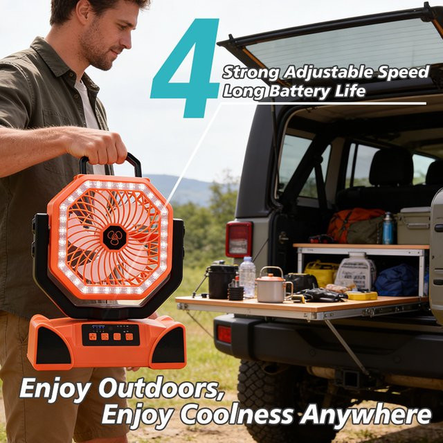 JFBONIN Tragbarer Campingventilator mit 20000mAh Akku, Fernbedienung und Licht in Schwarz und Orange - Bild 1