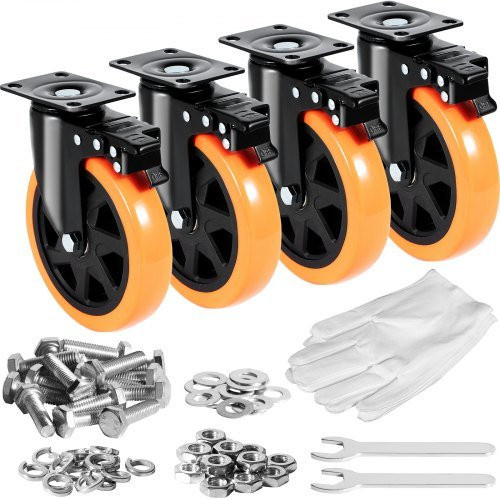 VEVOR Schwerlastrollen 4er-Set mit A/B-Bremsen, orangefarbene PVC Lenkrollen, 360 Grad drehbar, Tragfähigkeit pro Rolle: 317,5 kg, Durchmesser: 15,2 cm - Bild 1